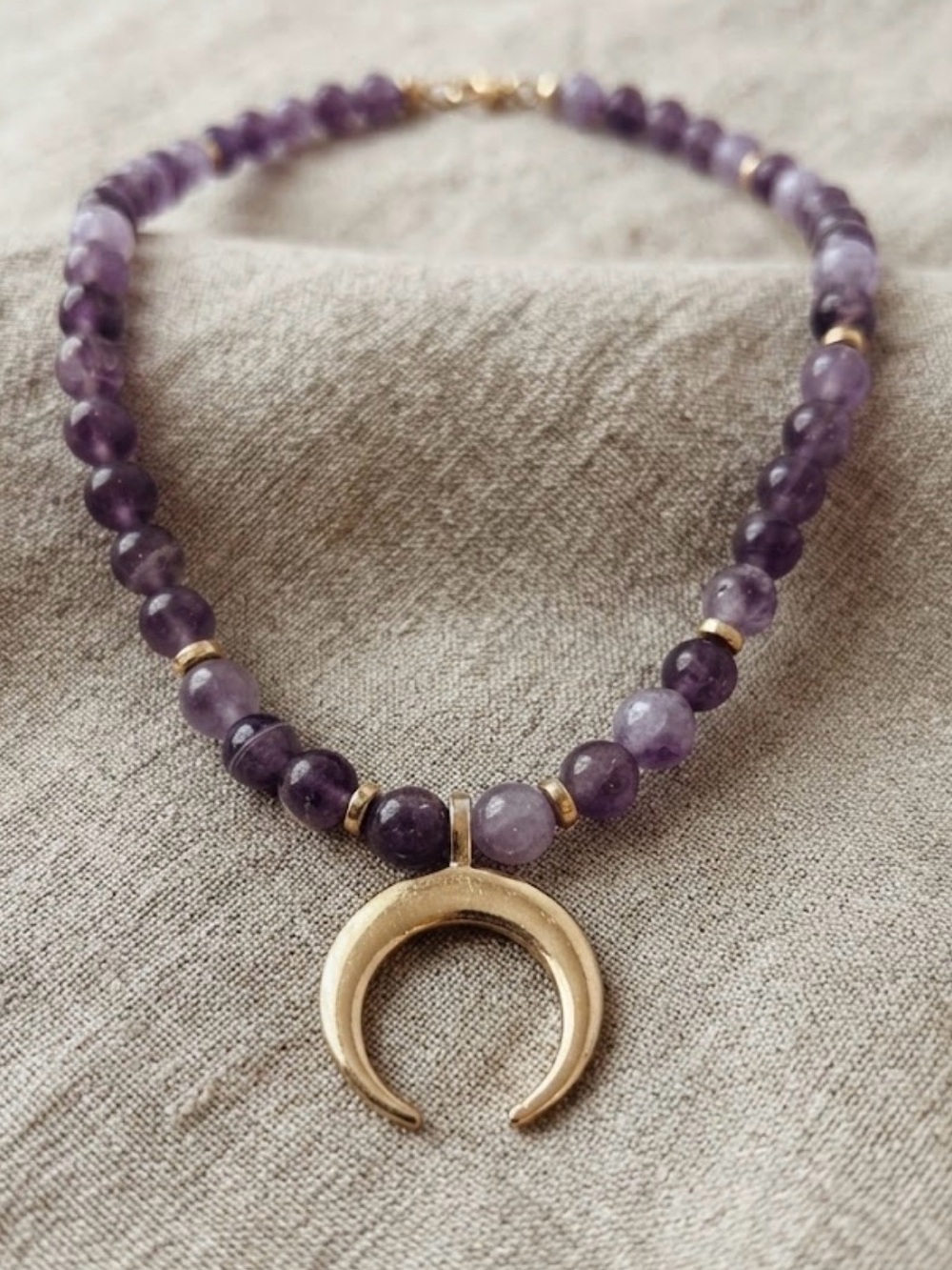 Genuine Amethyst Beaded Necklace with Gold Crescent Pendant